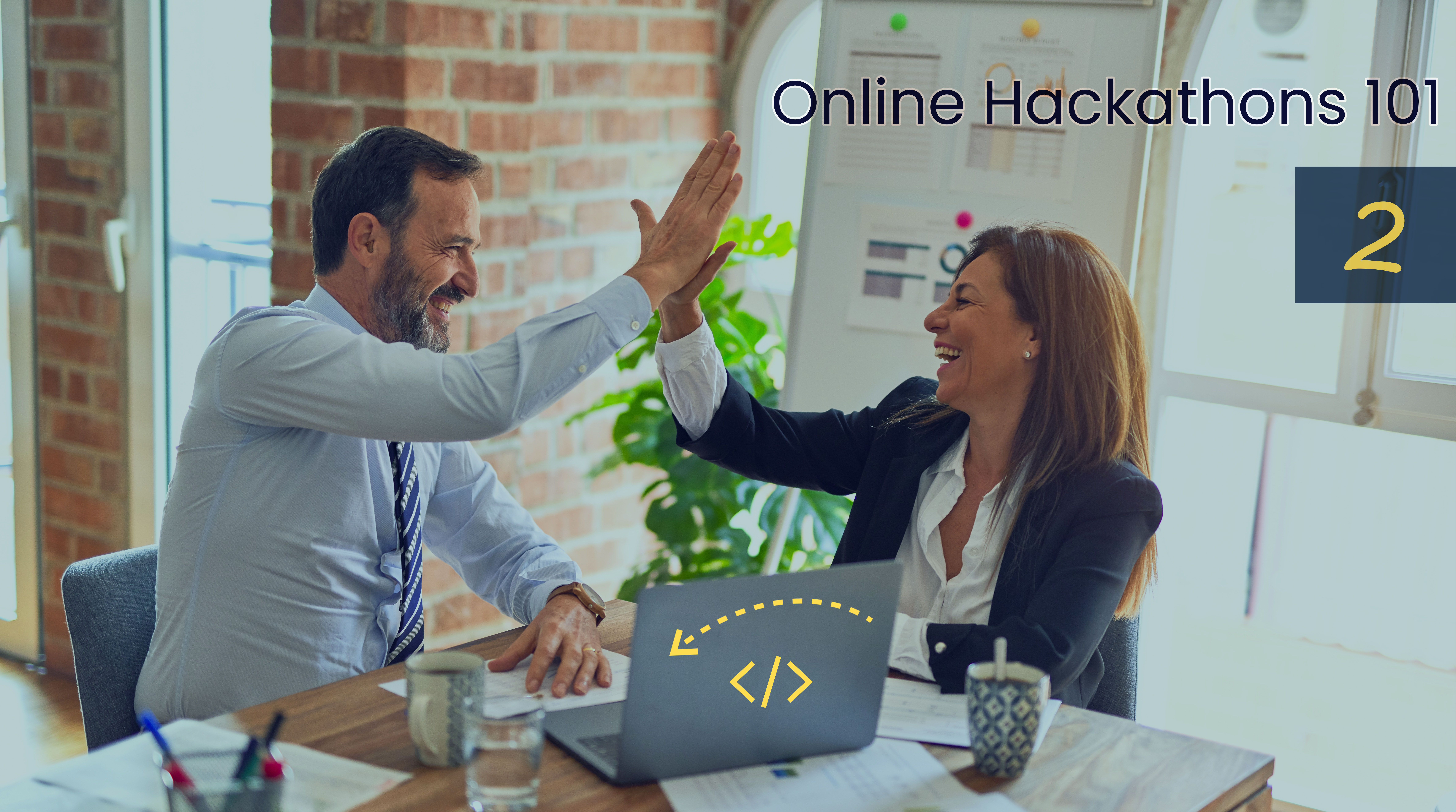 2 employees high five with online hackathons 101 text