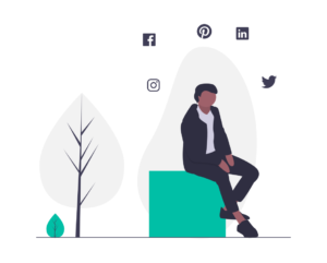 illustration for a guy sitting with social media icons floating